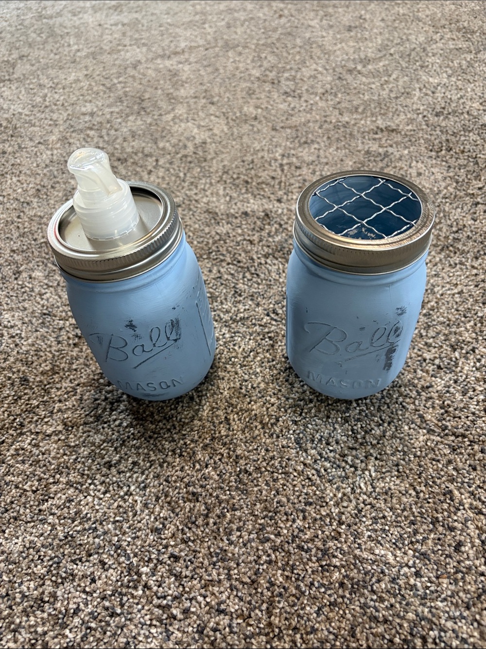 Mason Jar Soap Dispenser & Toothbrush Holder Set - Light Blue Hand Painted